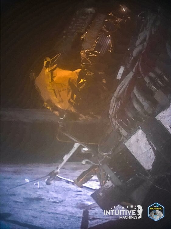 Odysseus moon lander on its side on the moon