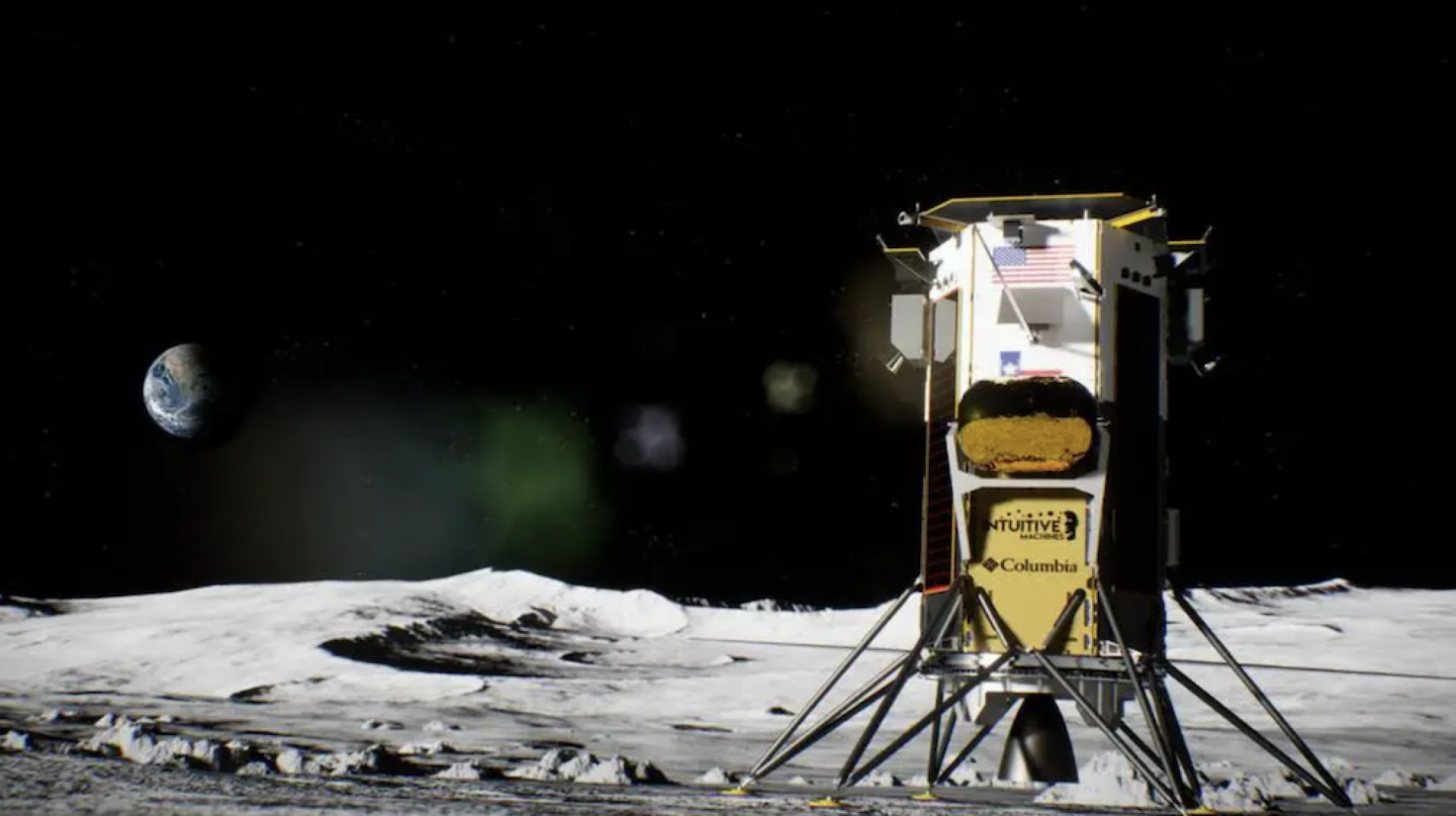 An artist's conception of an Intuitive Machines' spacecraft landing upright on the moon.