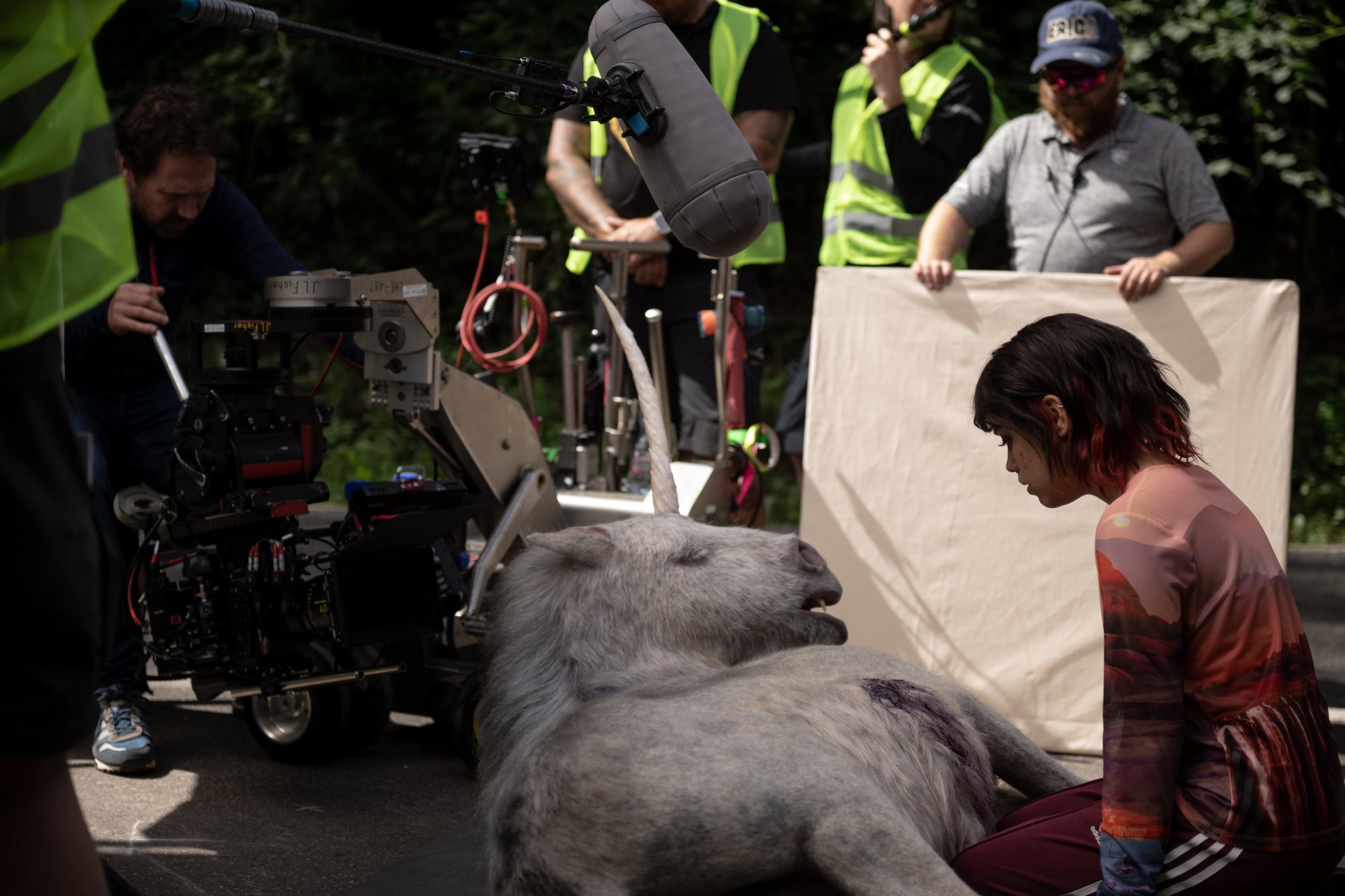 Jenna Ortega films "Death of a Unicorn" with the foal puppet.