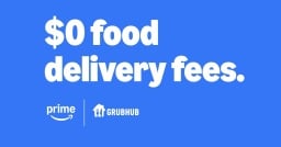 amazon and grubhub logos on blue background with white text reading $0 food delivery fees