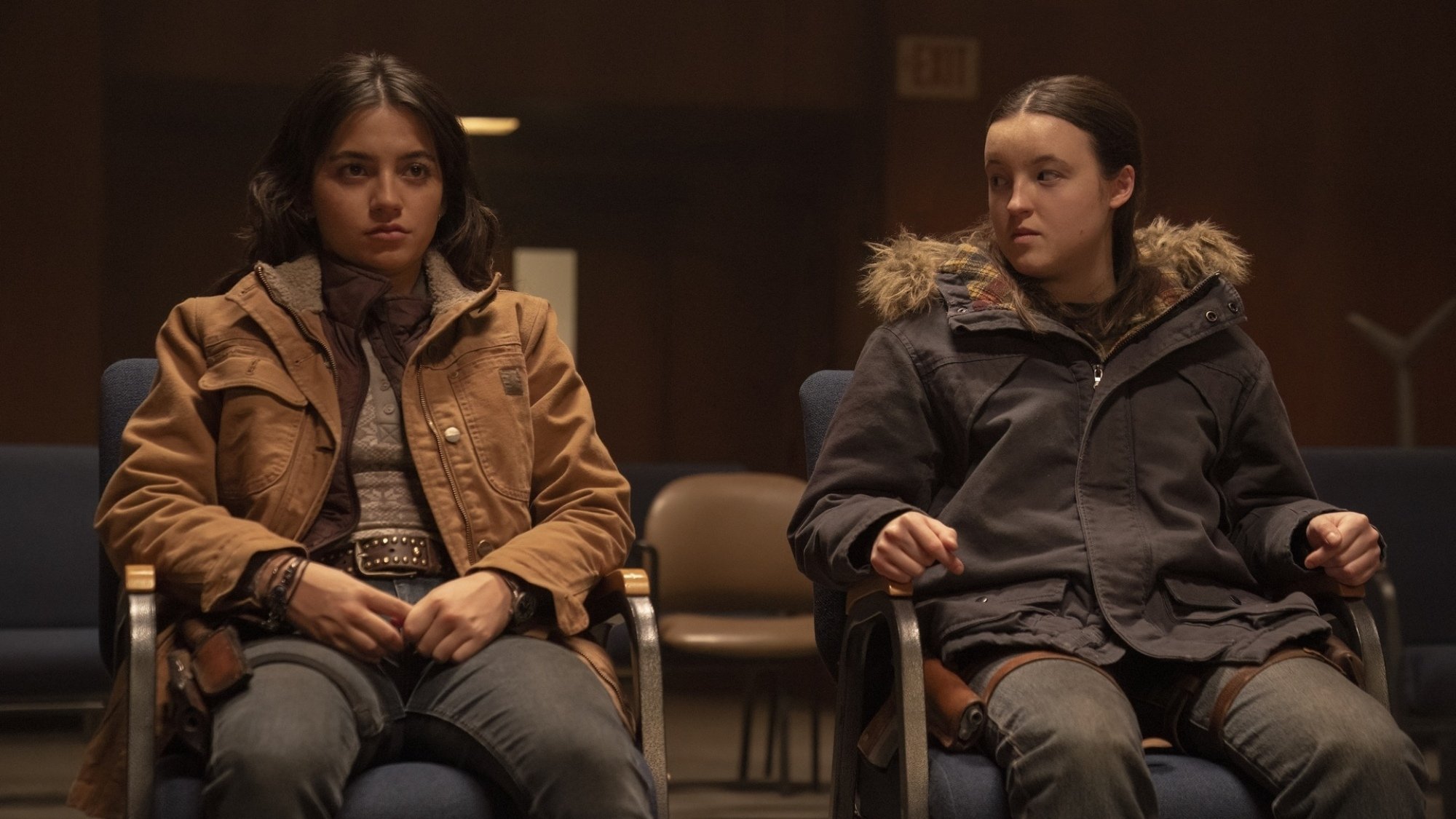 Isabela Merced and Bella Ramsey as Dina and Ellie in "The Last of Us."
