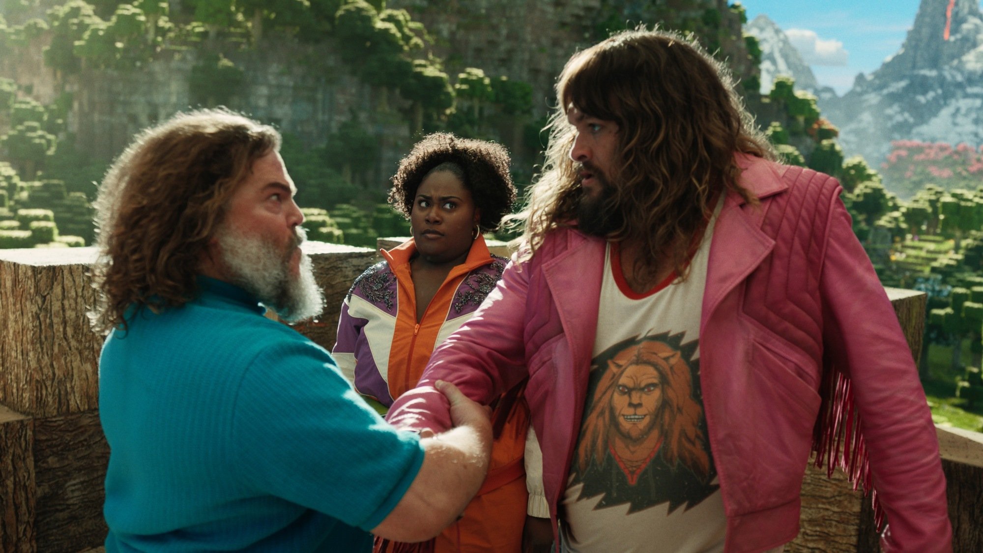 Jack Black as Steve, Danielle Brooks as Dawn, and Jason Momoa as Garrett in Legendary Pictures’ “A Minecraft Movie,” a Warner Bros. Pictures release.