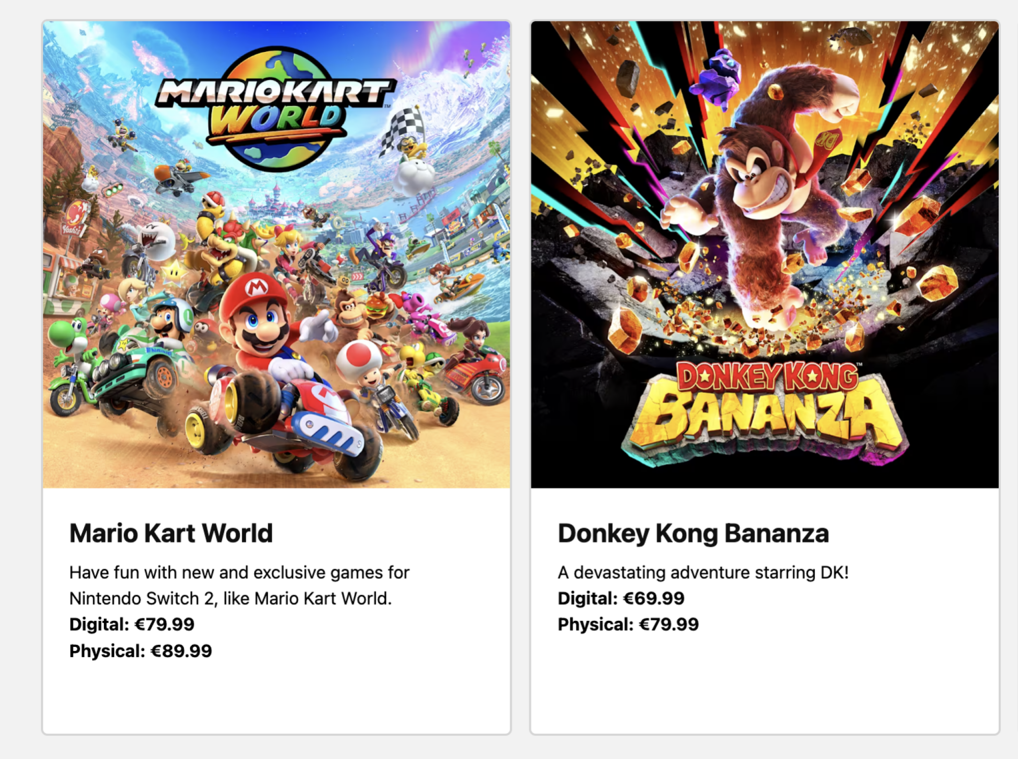 Nintendo Spain website game pricing screenshot