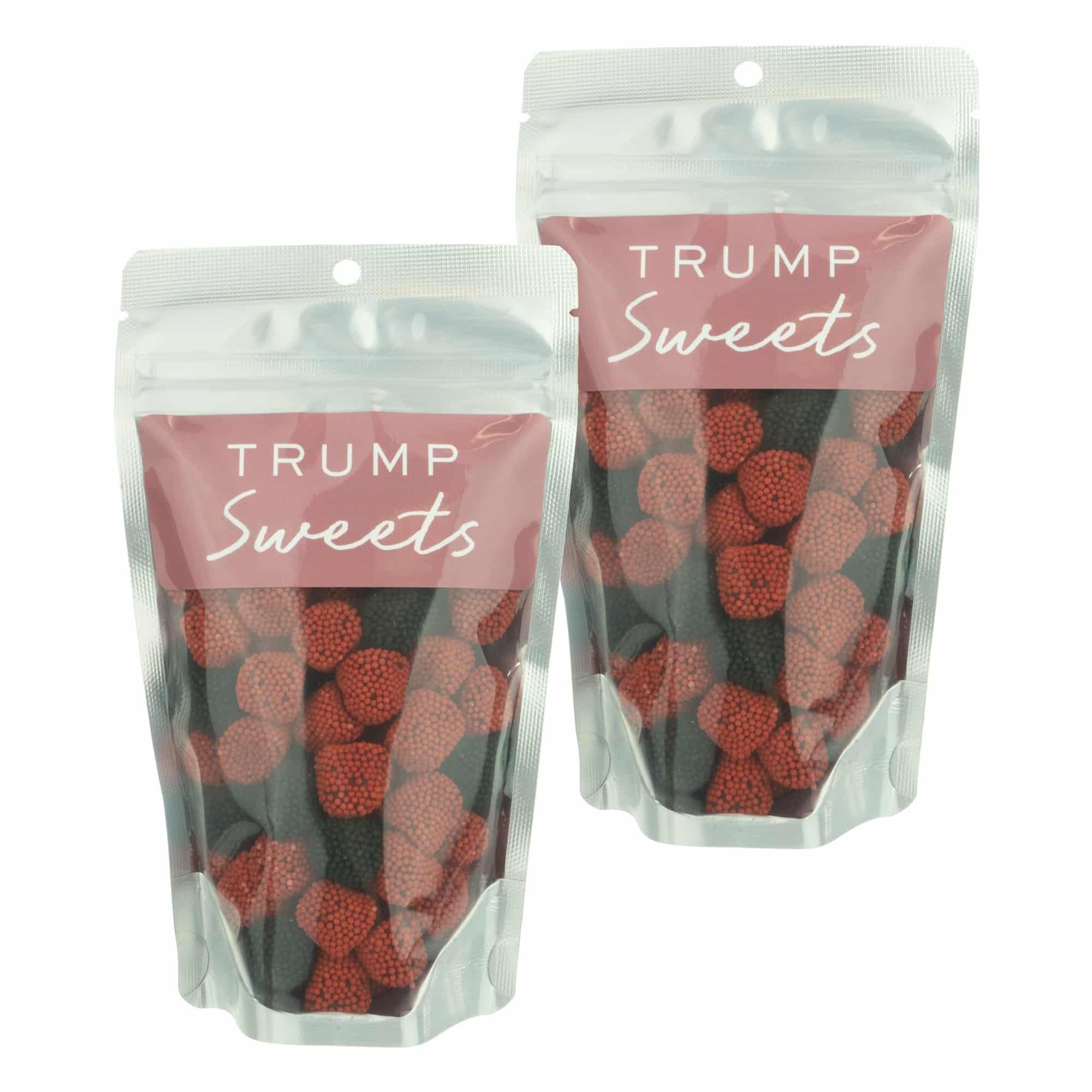 Two bags of red and black gummy candies w/ a logo that reads "trump sweets".