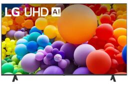 An LG UHD tv appears on a white background, with balloons of different sizes on its screen.