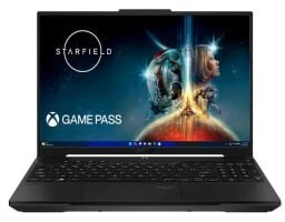 An Asus TUF laptop is shown with the Starfield logo on its screen.