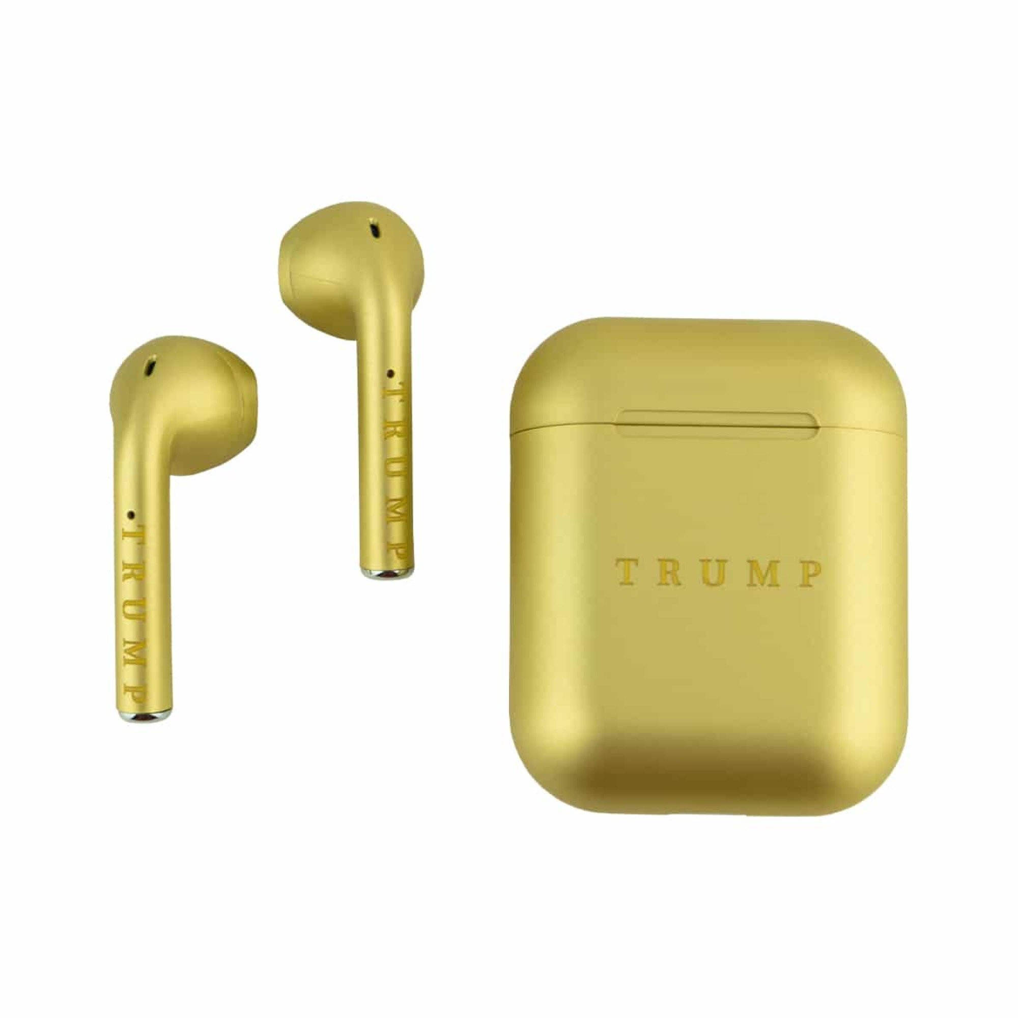 A pair of gold wireless earpods and gold case that have the word "Trump" engraved on them.