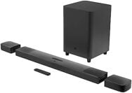 A multi-channel soundbar and subwoofer appear on white.