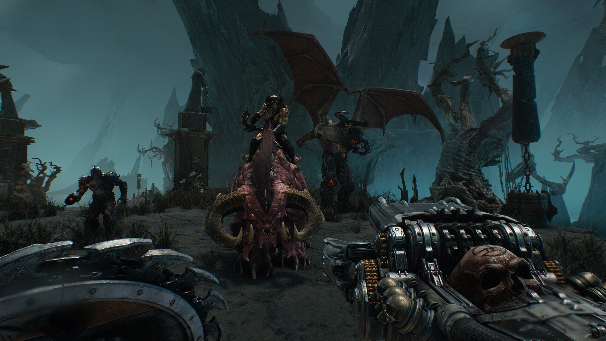 A first-person view of a battle against a mounted demon in 'Doom: The Dark Ages.'