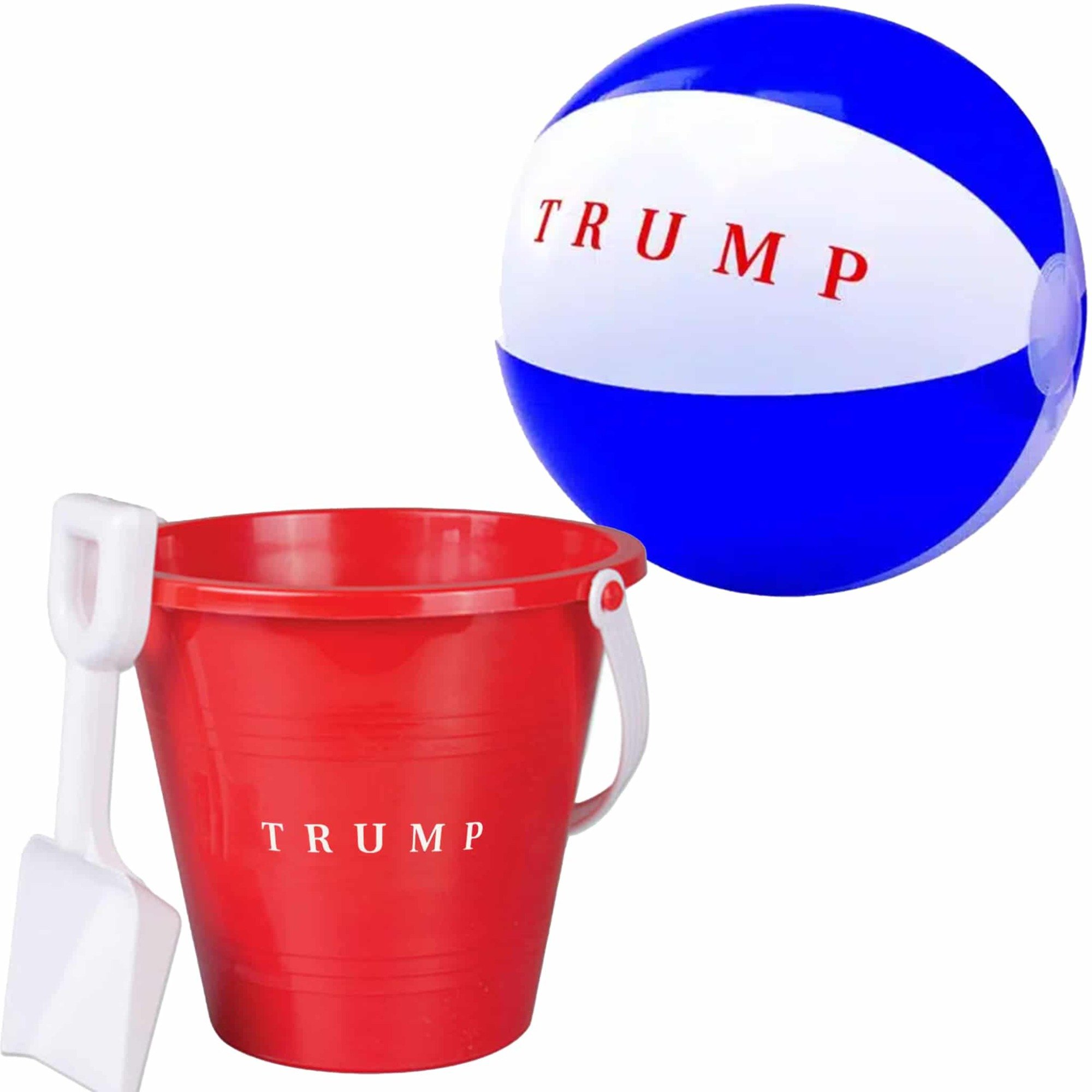 A red plastic pail with a white shovel and a blue and white beach ball each with the word "Trump" on it.