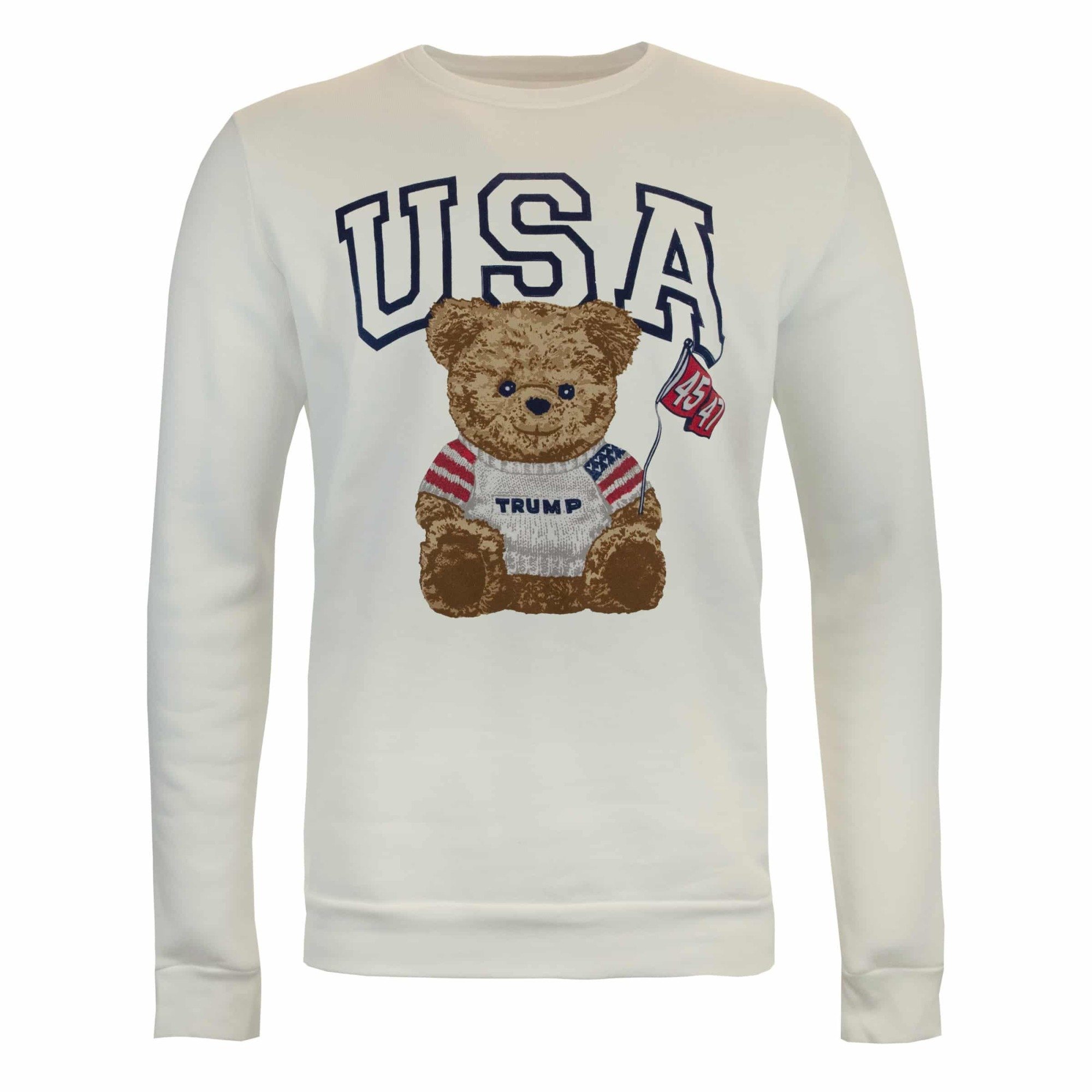 A white crewneck sweater with a large "USA" logo and fluffy stuffed bear printed on it. The bear wears a tiny sweater that says "Trump".