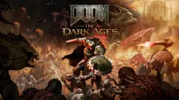 Promotional art of 'Doom: The Dark Ages' showing the Doom Slayer fighting a horde of demons.