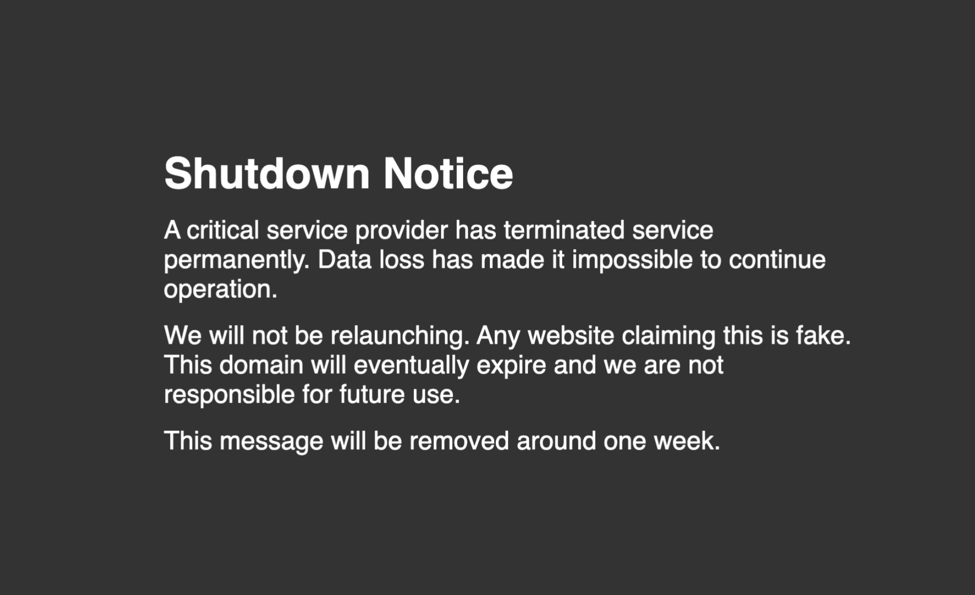 screenshot of a shutdown notice on a website