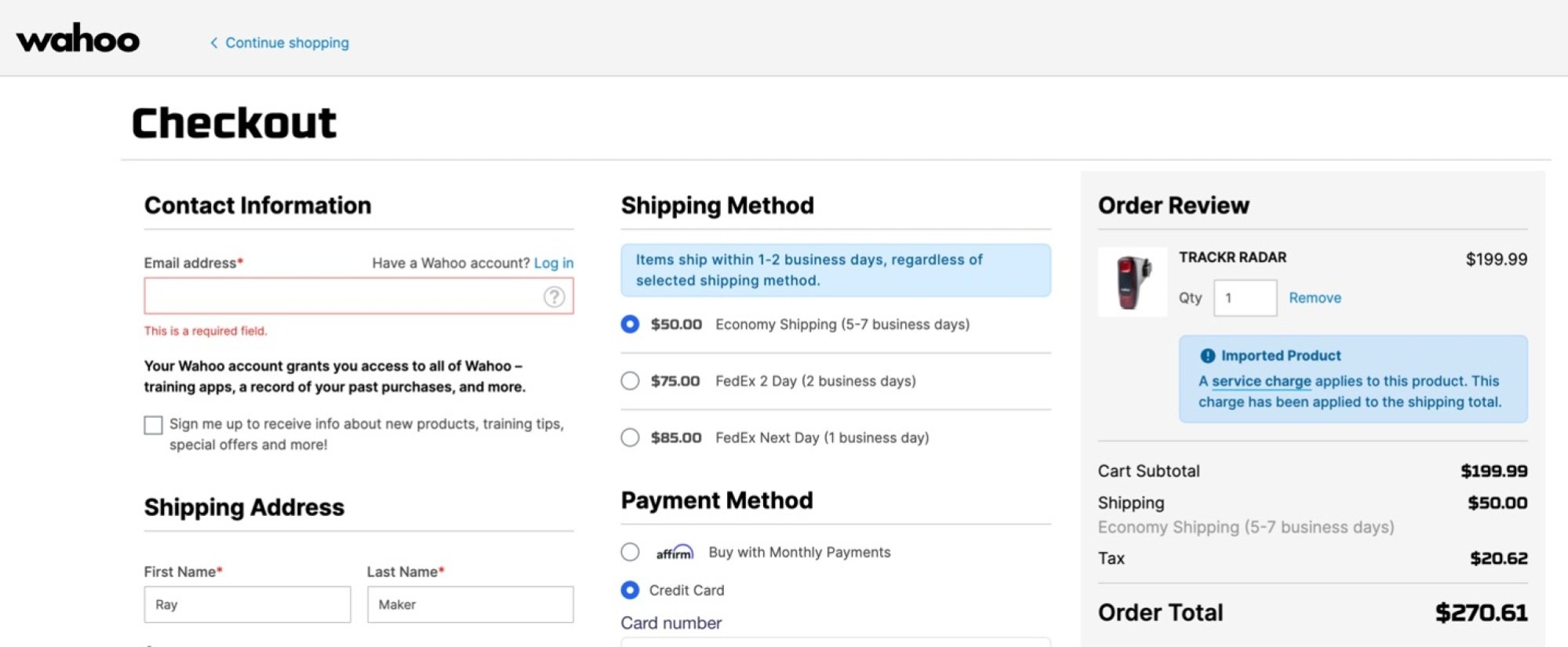 wahoo checkout showing $50 shipping cost