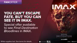 Promotional advertisement featuring skull on "Final Destinations: Bloodlines" movie poster and IMAX logo