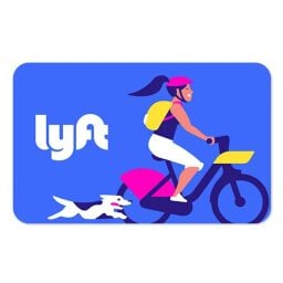 Lyft gift card with illustrated woman on bike with dog