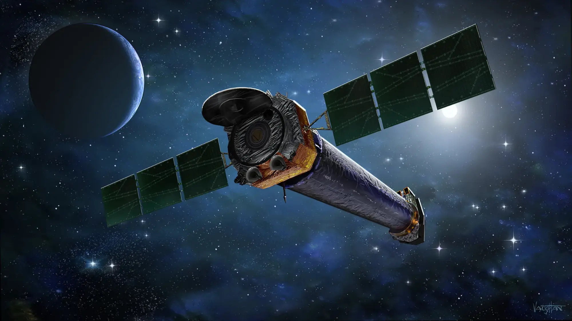 An artist's rendering of the Chandra X-ray Observatory flying in space