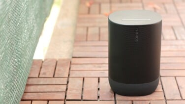 testing the sonos move 2 portable speaker on outdoor brick patio