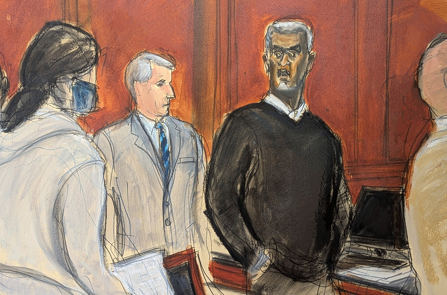 Sean 'Diddy' Combs, right, stands and looks at jurors as they file into the jury box at the start of jury selection at Manhattan federal court, Monday, May 5, 2025, in New York. (Elizabeth Williams via AP)