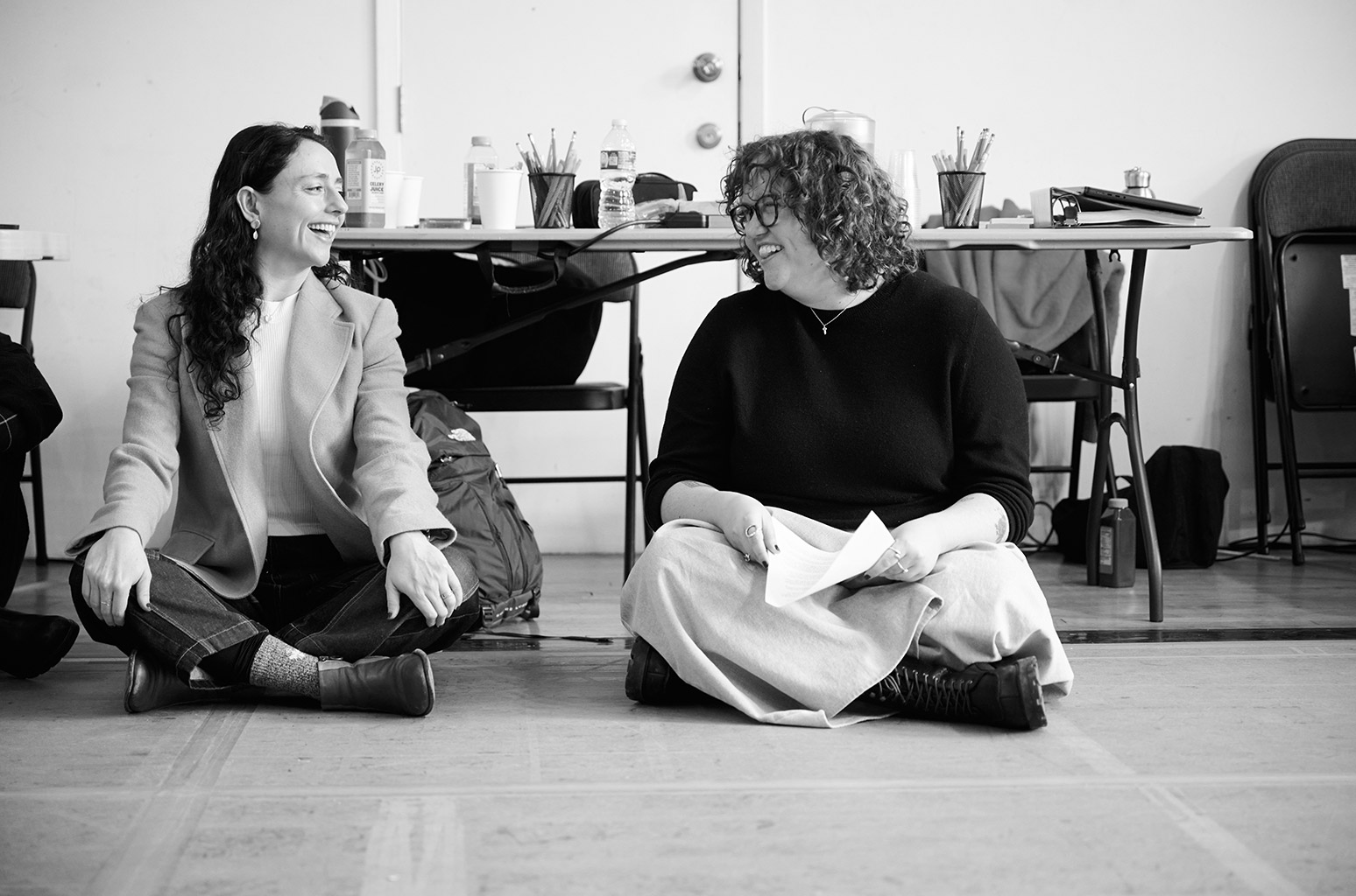 Dayna Taymor and Kimberly Belflower on the first day of rehearsals for "John Proctor is the Villain."