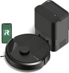 Roomba 105 robot vacuum, charging dock, and smartphone with iRobot logo on screen