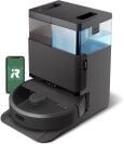 Roomba 405 robot vacuum, charging dock with water tank, and smartphone with iRobot logo on screen