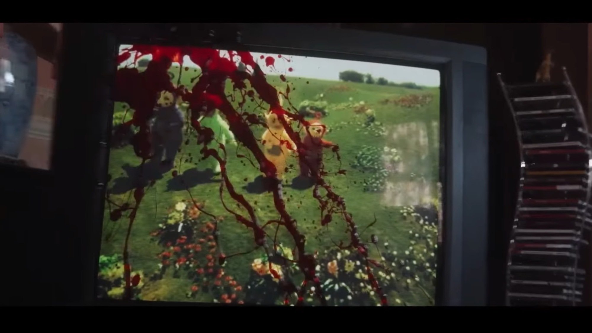 TV showing the Teletubbies is splattered with blood in "28 Years Later."