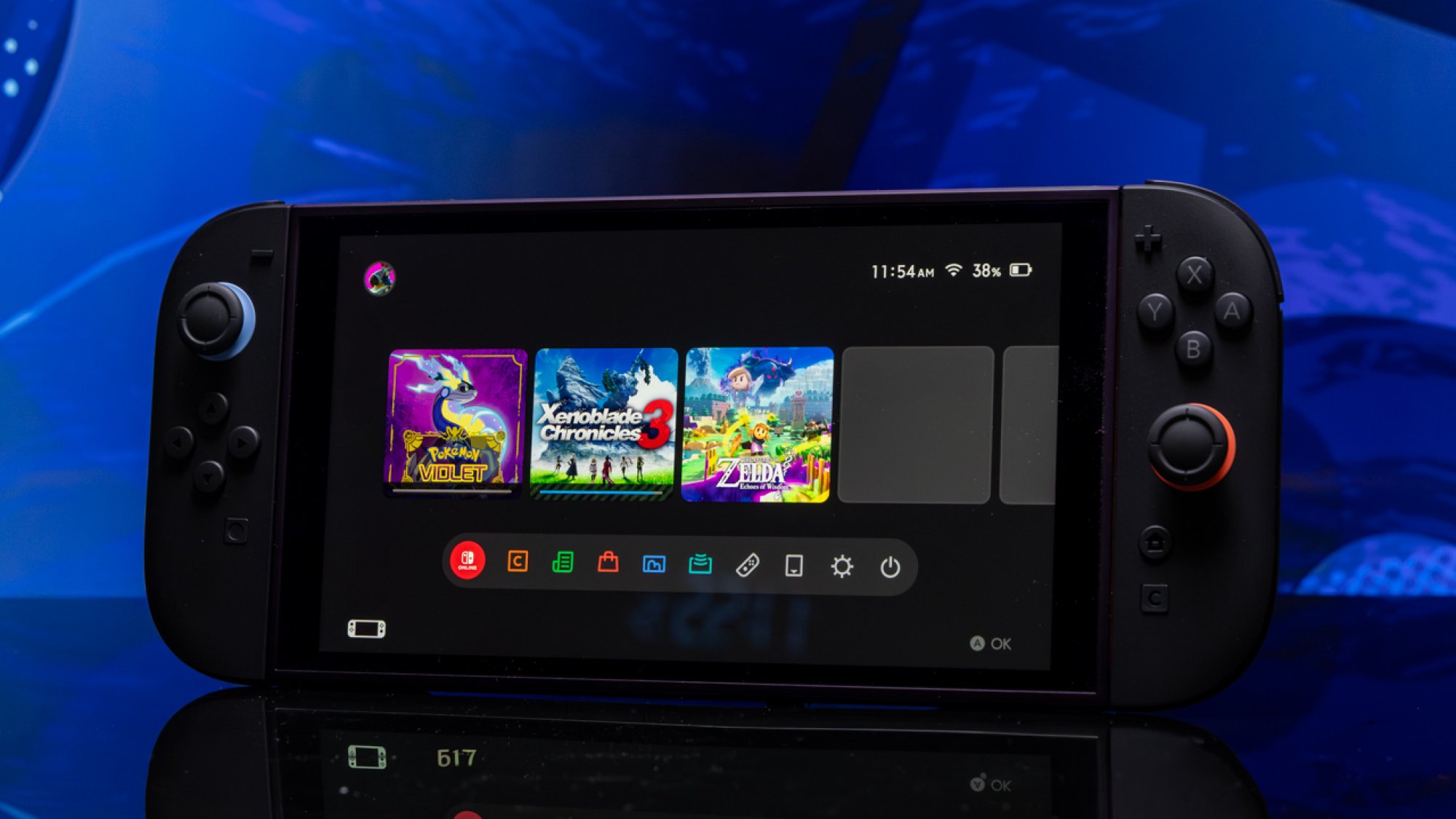 A Nintendo Switch 2 viewed from a slightly askew angle against a blue background