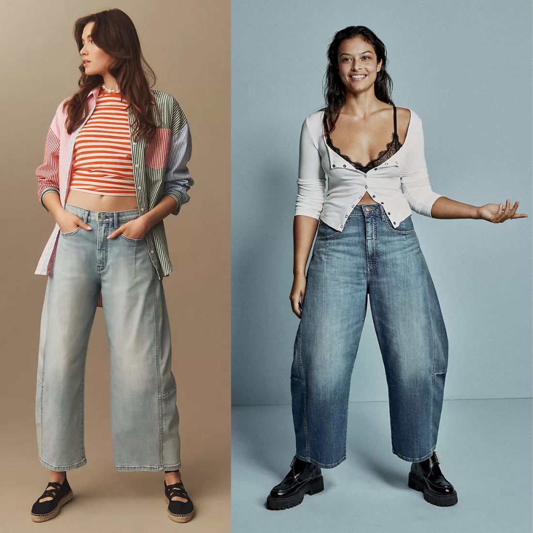 models wearing light and dark wash anthropologie barrel jeans