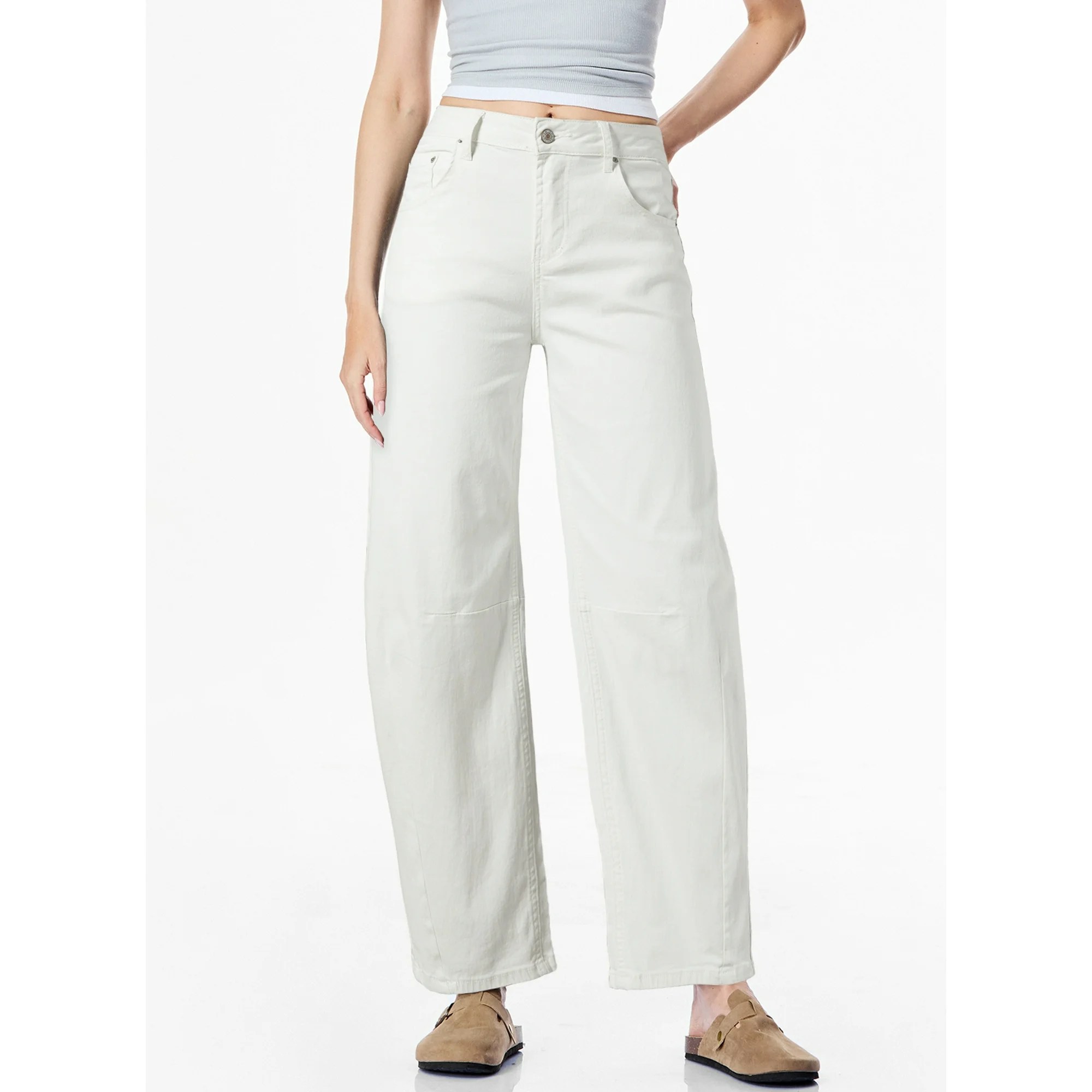 model wearing brown barrel jeans walmart