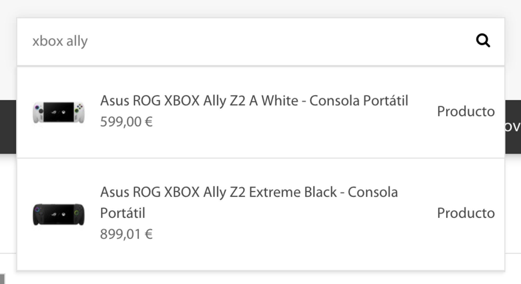 Spanish Asus search field showing Xbox ROG Ally prices