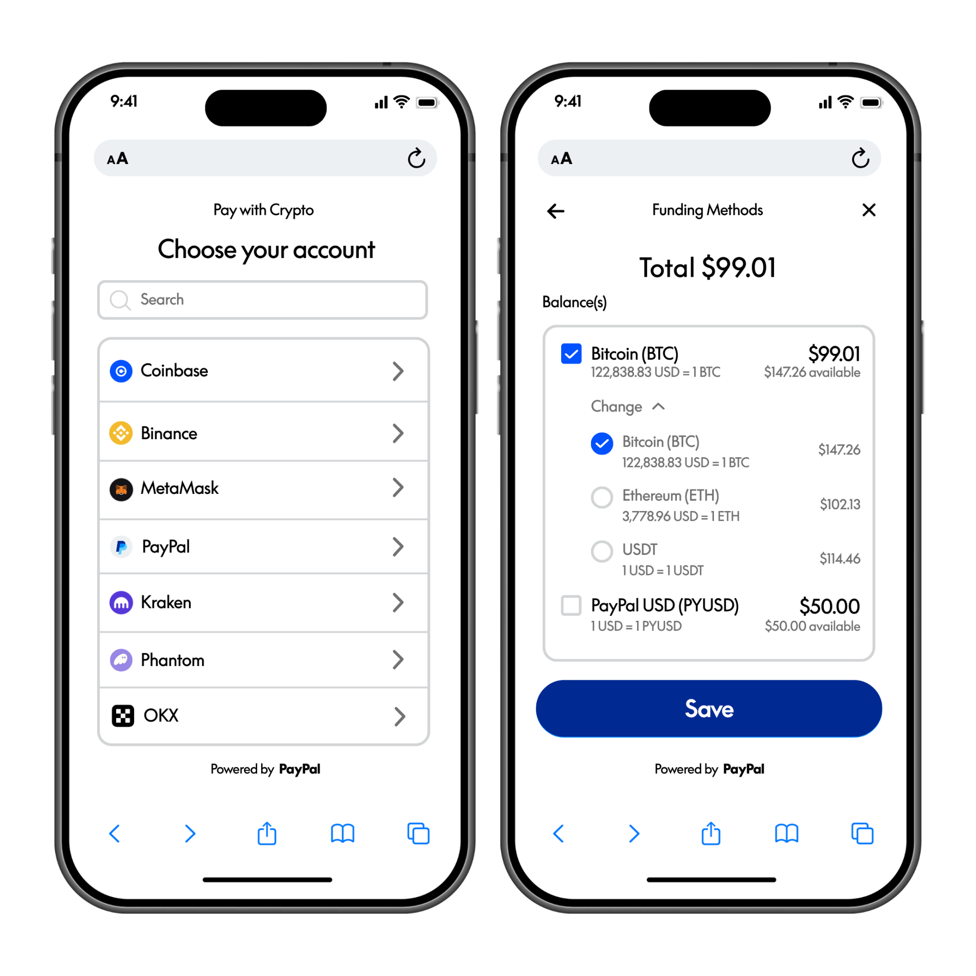 paypal pay with crypto feature screenshots