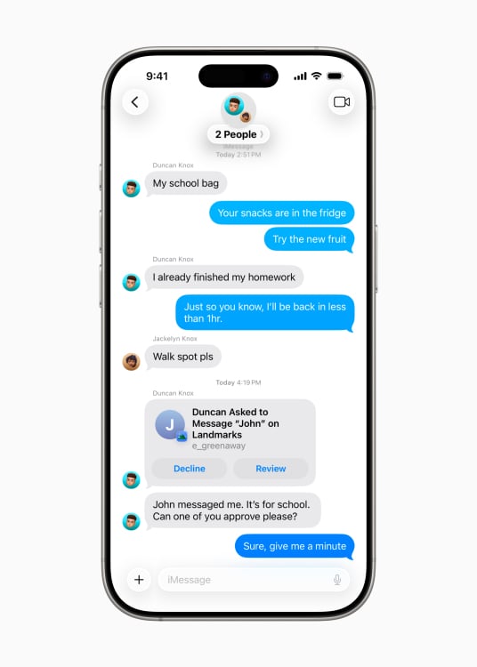 A phone with the Messages app showing beta features.