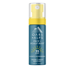 blue and yellow bottle of oars + alps sunscreen