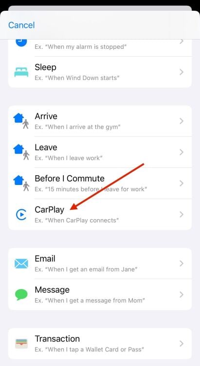 an iphone screenshot with an arrow pointing to carplay tab