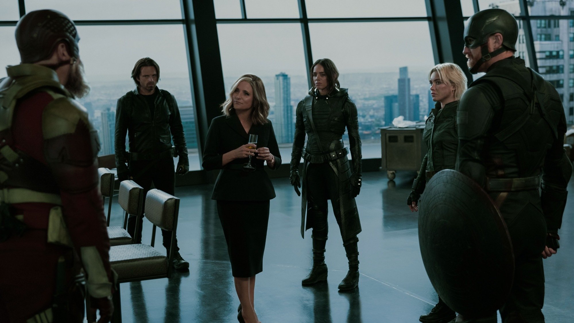 Alexei Shostakov / Red Guardian (David Harbour), Bucky Barnes (Sebastian Stan), Valentina Allegra de Fontaine (Julia Louis-Dreyfus), Ghost (Hannah John-Kamen), Yelena Belova (Florence Pugh), and John Walker (Wyatt Russell) in Marvel Studios' "Thunderbolts*".