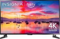 Insignia TV with harbor sunset screensaver