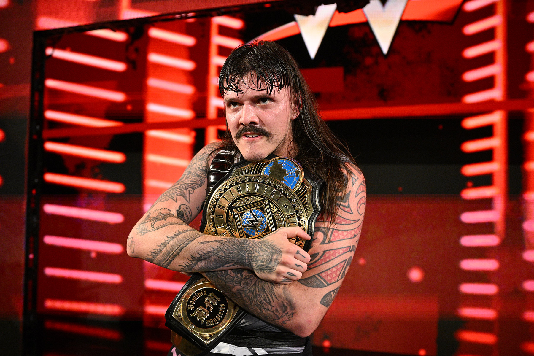 NEW YORK, NEW YORK - AUGUST 4: Dominik Mysterio leaves with his Intercontinental Championship during Monday Night RAW at Barclays Center of Brooklyn on August 4, 2025 in New York, New York.  (Photo by Michael Marques/WWE via Getty Images)