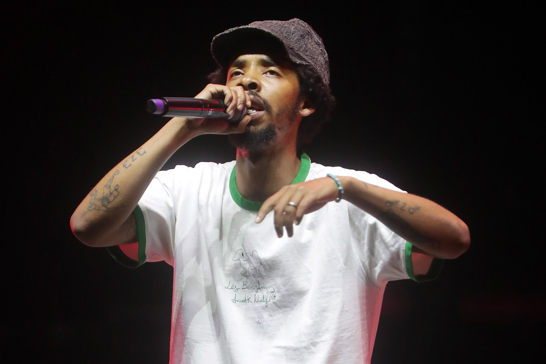 Earl Sweatshirt performs during the Good Vibes Only Tour at Talking Stick Resort Amphitheatre on August 01, 2025 in Phoenix, Arizona.