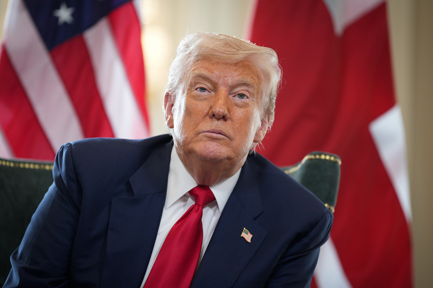 U.S. President Donald Trump talks to the media as he meets with British Prime Minister Keir Starmer at Trump Turnberry golf club on July 28, 2025 in Turnberry, Scotland.