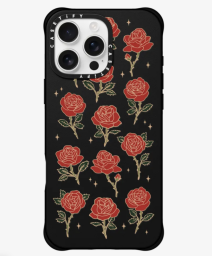 A black phone case with red roses on it