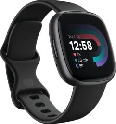 Fitbit Versa 4 smartwatch with black watch band