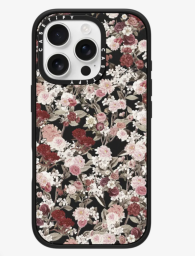 A black phone case with red and pink flowers on it