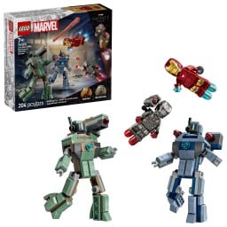 iron man and war machine vs. hammer drones lego set against a white background
