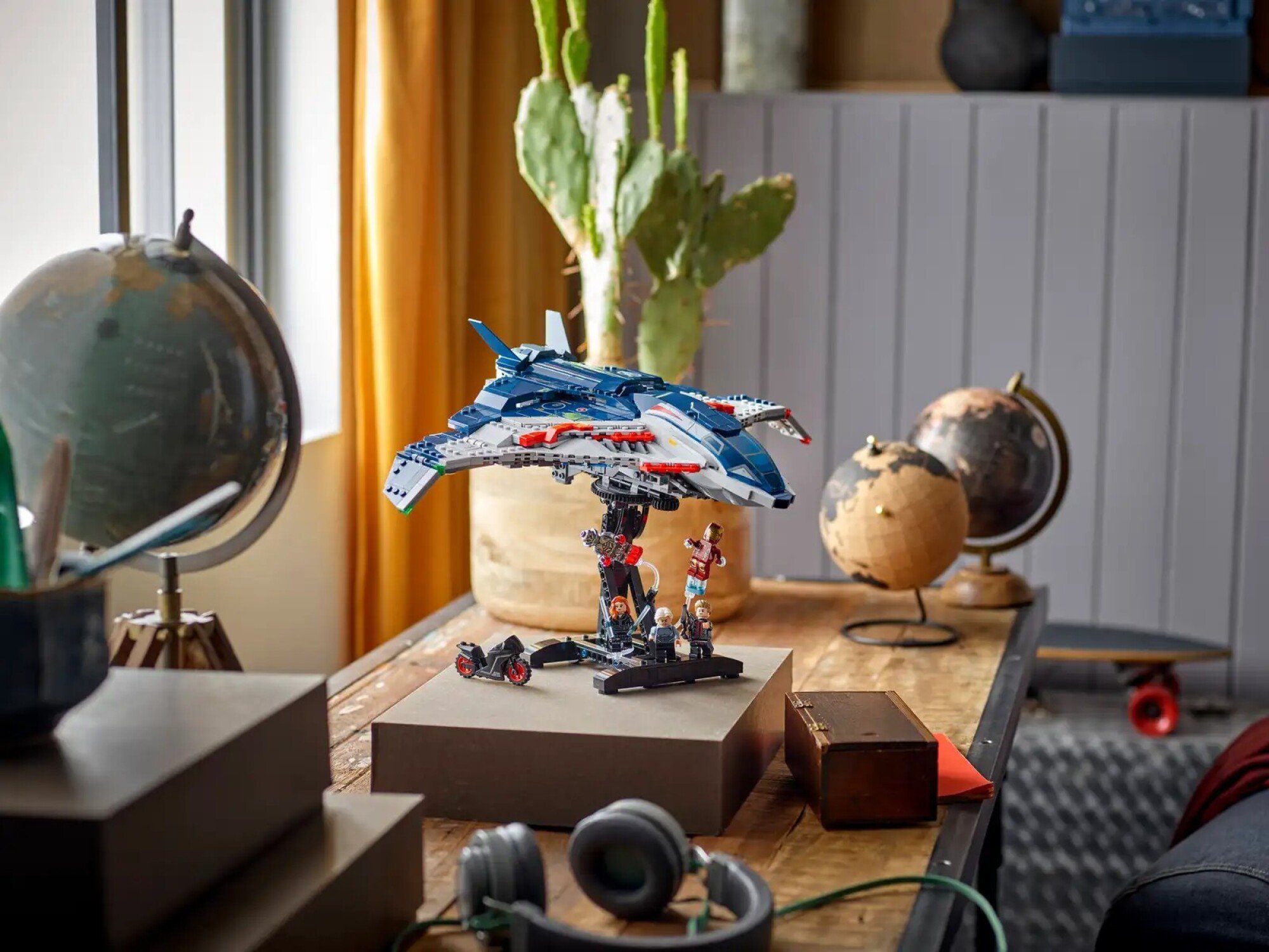 avengers: age of ultron quinjet lego set on a desk