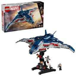 avengers: age of ultron quinjet lego set against a white background
