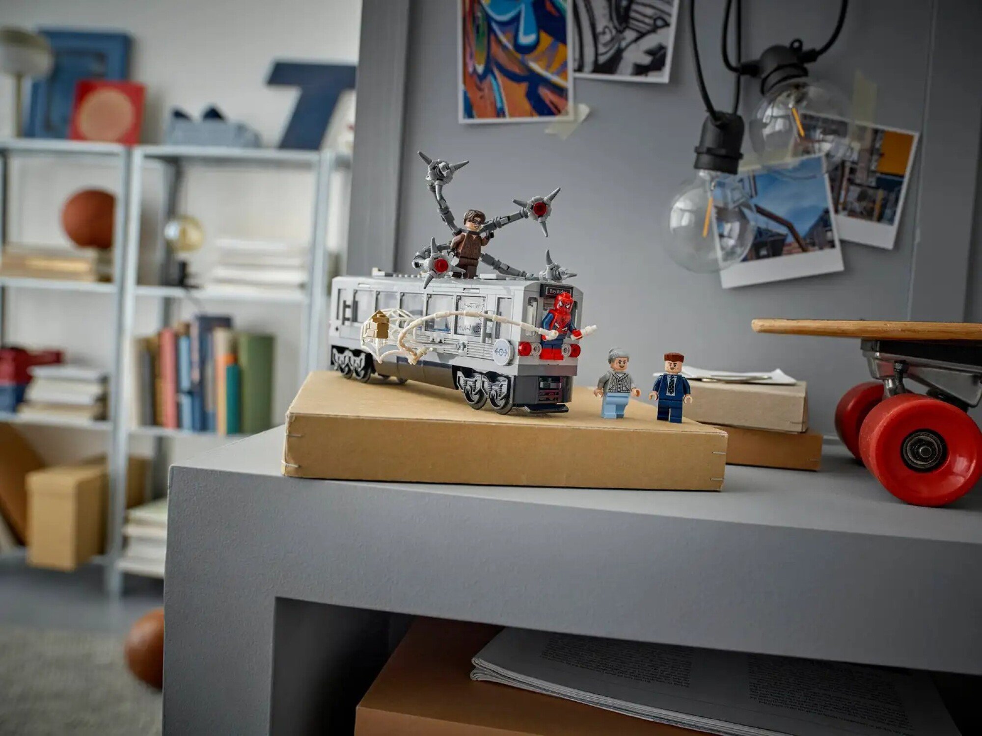 spider-man vs. doc ock subway train scene lego set on a table