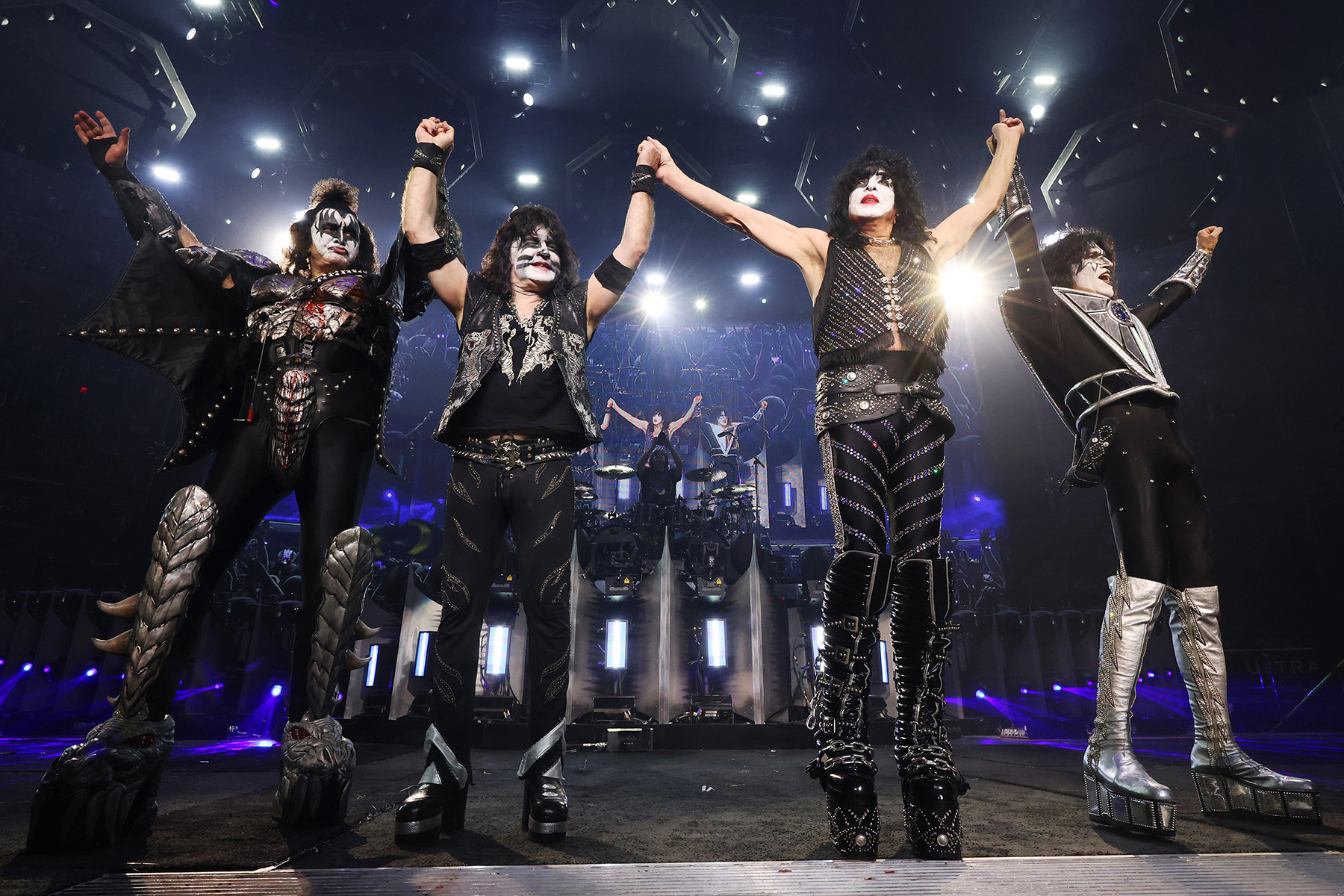 Gene Simmons, Eric Singer, Paul Stanley and Tommy Thayer of KISS take final bow  during the final show of KISS: End of the Road World Tour at Madison Square Garden on December 02, 2023 in New York City.