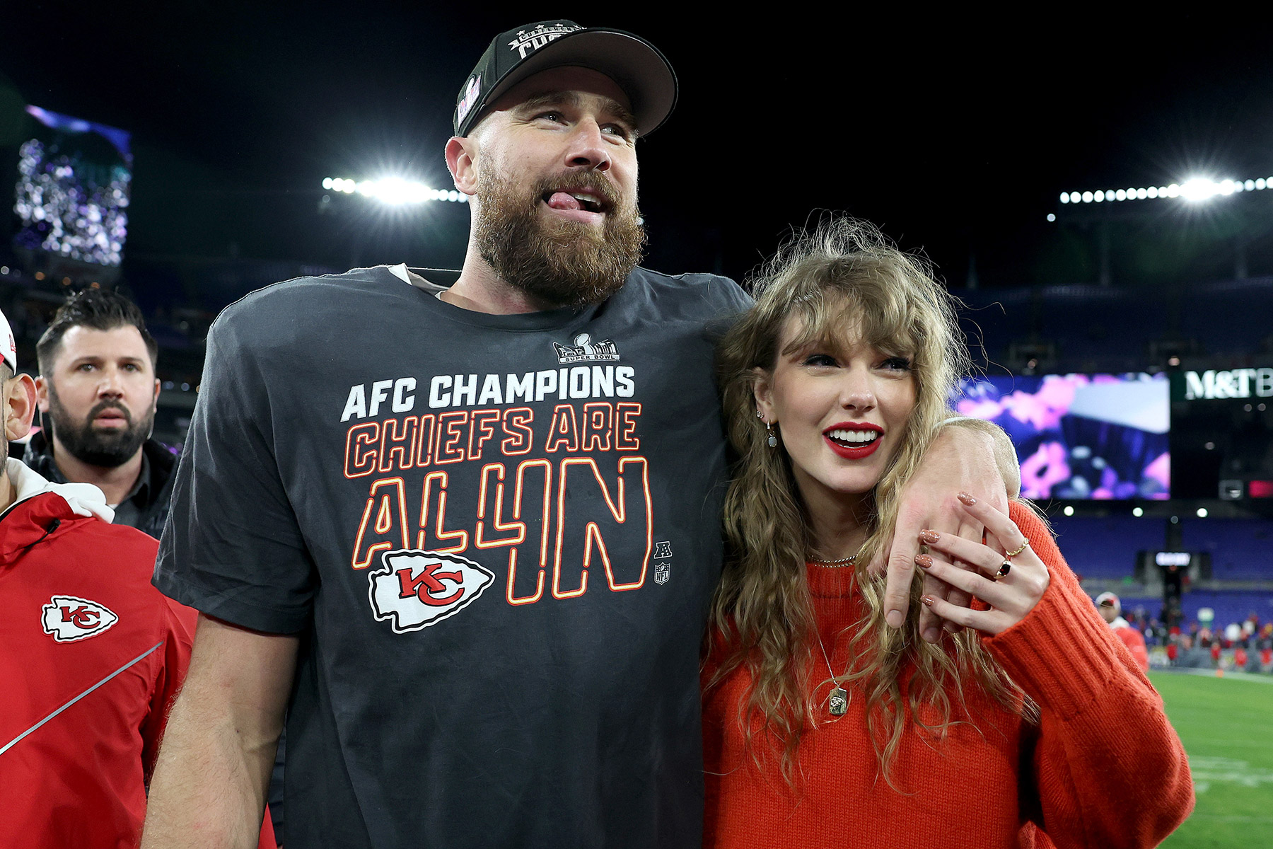 Travis Kelce #87 of the Kansas City Chiefs celebrates with Taylor Swift after a 17-10 victory against the Baltimore Ravens in the AFC Championship Game at M&T Bank Stadium on January 28, 2024 in Baltimore, Maryland.