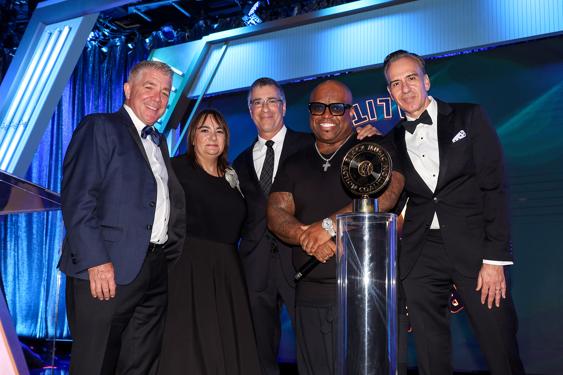 (L-R) Jeff Straughn, Donna Grecco, Lawrence Mestel and CeeLo Green onstage during the Black Music Action Coalition's 5th Annual BMAC Gala at The Beverly Hilton on September 18, 2025 in Beverly Hills, California.